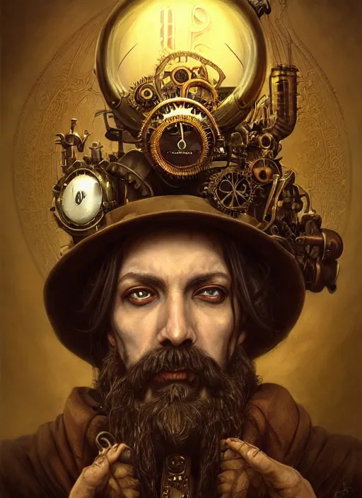 Image similar to portrait of a steampunk bearded king, grim - lighting, high - contrast, intricate, elegant, highly detailed, centered, digital painting, artstation, concept art, smooth, sharp focus, illustration, artgerm, tomasz alen kopera, peter mohrbacher, donato giancola, joseph christian leyendecker, wlop, boris vallejo