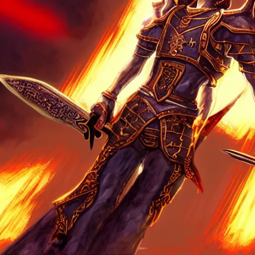 Image similar to Fantasy digital art for magic the gathering card, a close-up shot of a sword with a gun as the hilt currently across the back of a cowboy, red in the background with images of battle all around