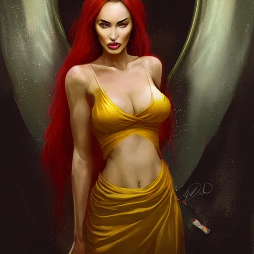 Prompt: portrait of megan fox with bright red eyes, wearing a vail and a tight yellow silk dress, sultry body with sexy belly, fantasy, intricate, elegant, highly detailed, digital painting, artstation, concept art, matte, sharp focus, illustration, art by aenaluck and roberto ferri and greg rutkowski, epic fantasy, digital painting