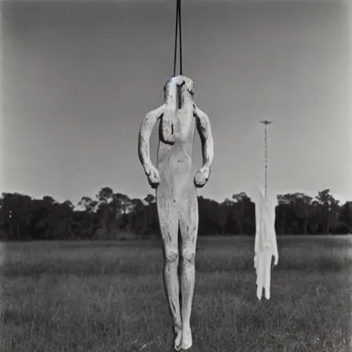 Image similar to the song of the hanging man, southern gothic, photograph by diane arbus, bayou