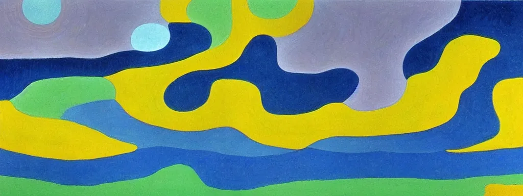 Image similar to Psychedelic sci-fi dreamworld. Landscape painting. Organic. Winding rushing water. Waves. Clouds. Landscape by Alex Katz. Wayne Thiebaud. Paul Klee. David Hockney.