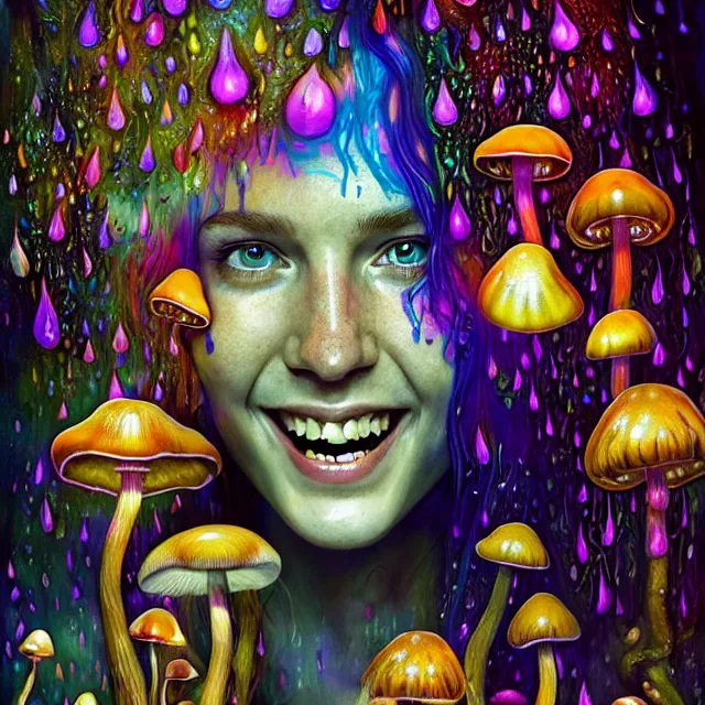 Image similar to bright smiling portrait surrounded by psychedelic mushrooms with rain on face and wet hair, diffuse overhead lighting, fantasy, intricate, elegant, dramatic lighting, highly detailed, lifelike, photorealistic, digital painting, artstation, illustration, concept art, smooth, sharp focus, art by John Collier and Albert Aublet and Krenz Cushart and Artem Demura and Alphonse Mucha