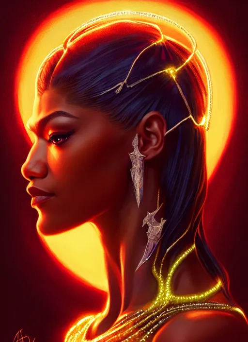 Image similar to zendaya as skrull queen, intricate, elegant, glowing lights, highly detailed, digital painting, artstation, glamor pose, concept art, smooth, sharp focus, illustration, art by artgerm and greg rutkowski, artey freytag