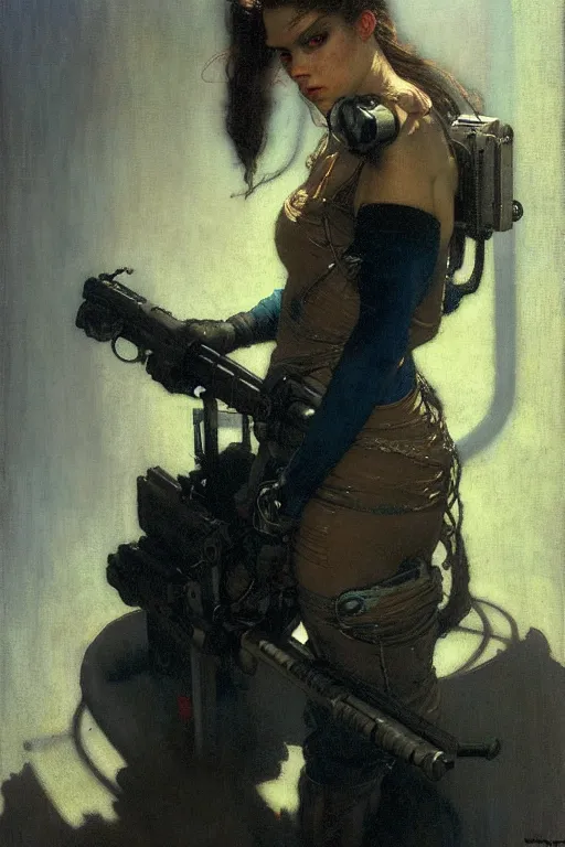 Image similar to portrait max mad cyberpunk, machinist tech rifle gun design, painting by gaston bussiere, katsuya terada, nc wyeth, greg rutkowski, craig mullins, vermeer, frank frazetta, mucha, tom of finland, trending on artstation, jeffery catherine jones