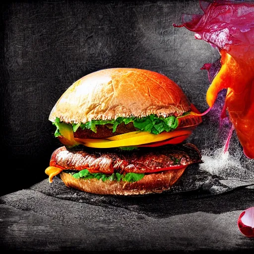 Image similar to a hybrid crystal hamburger, digital art, dramatic product photography