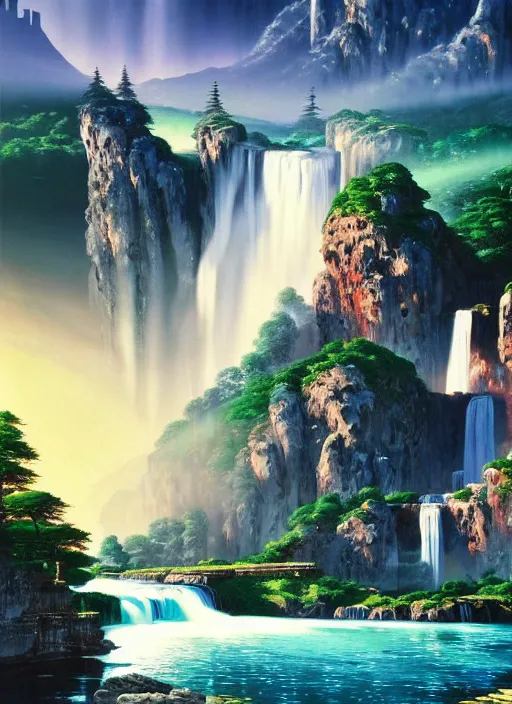 Image similar to magical castle, waterfall, river, mountain, scenery wallpaper aesthetic, beautiful, cinematic, dramatic, super detailed and intricate, hyper realistic, by koson ohara, by darwyn cooke