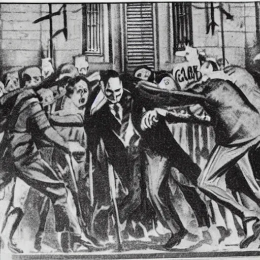 Image similar to a 1 9 3 0 s newspaper photo of a vampire attacking a group of people outside a church