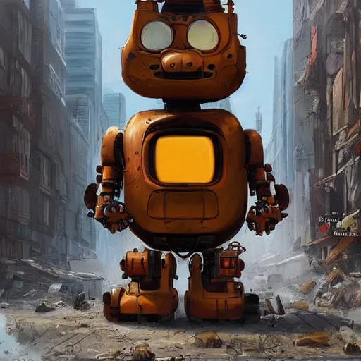 Image similar to A photorealistic render of Garfield the cat as a giant robotic mech suit, walking through a post-apocalyptic cityscape, ArtStation