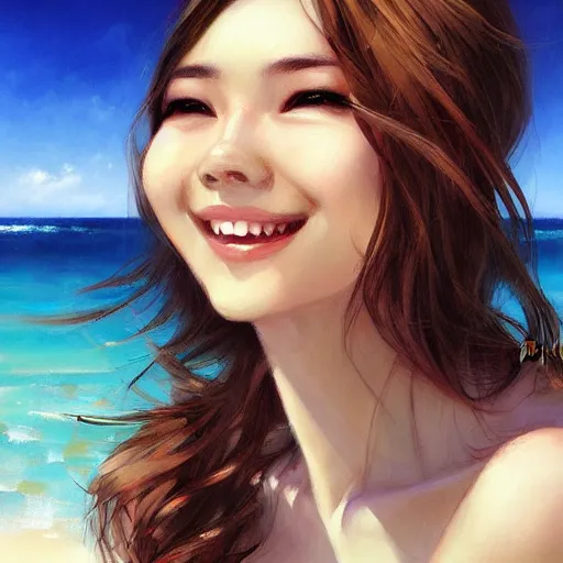 Prompt: portrait of beautiful woman smiling on the beach by wlop, rossdraws, artgerm.
