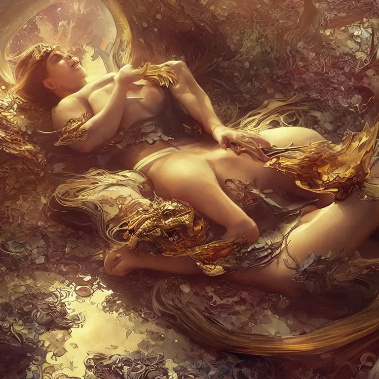 Prompt: A dragon sleeping on its glittering treasure hoard, digital painting, artstation, concept art, sharp focus, cinematic lighting, illustration, art by artgerm and greg rutkowski, alphonse mucha, cgsociety