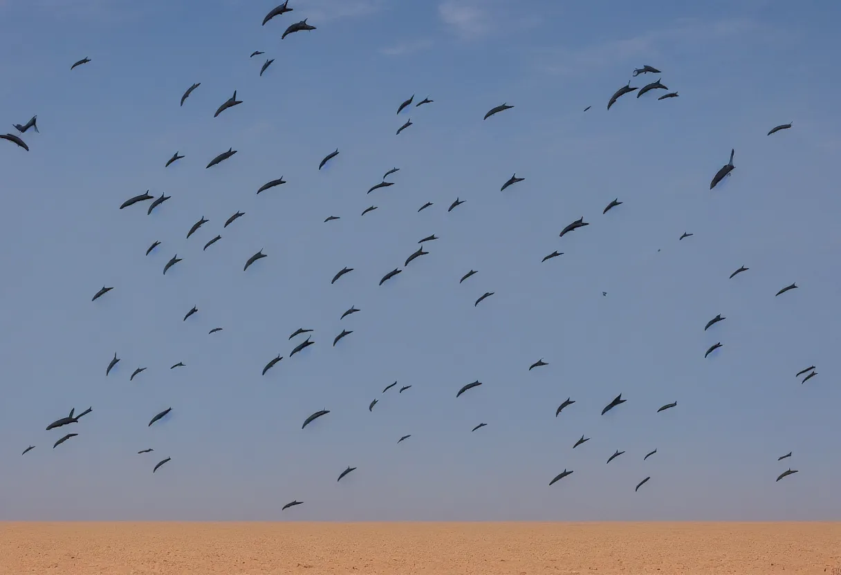 Prompt: dolphins flying through the sky in the gobi desert, stunning photograph