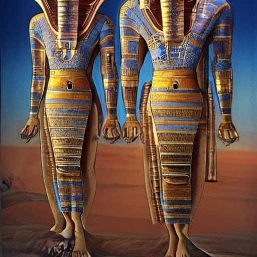 Image similar to the annunaki have returned to egypt wearing space suits that look like egyptian pharoah head - dresses and breathing hoses that look like elephant trunks - alien - looking, futuristic, detailed, photo - realism