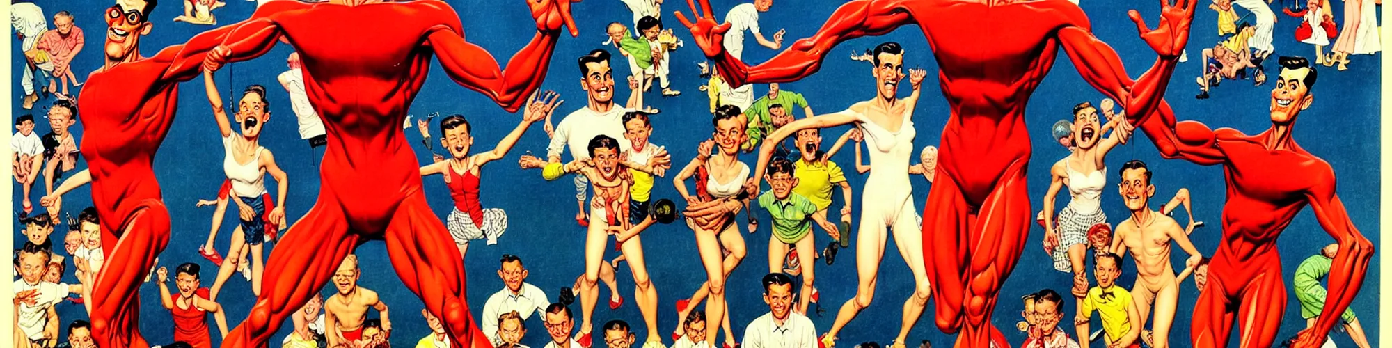 Prompt: plasticman showing off his weird limbs illustrated by norman rockwell with very long hands and arms and fingers and legs and feet twirling and twisting around at a very sunny park in a very crowded city with people looking surprised and stunned, funny, silly