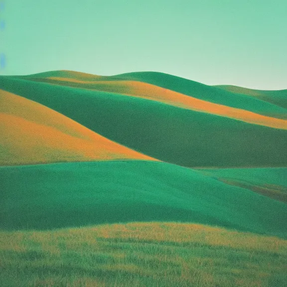 Image similar to rolling hills landscape, teal gradient, film photography 70's, album art