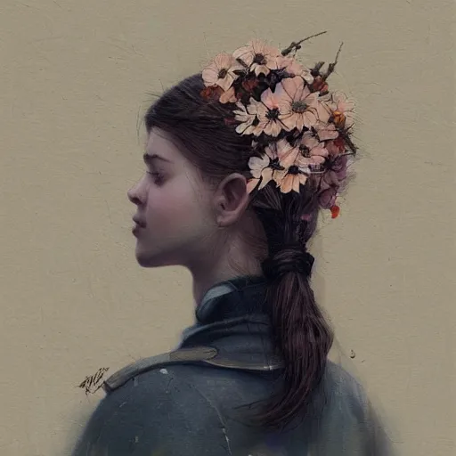 Image similar to Ukrainian girl with a flowers profile picture by Greg Rutkowski, asymmetrical, Organic Painting , Matte Painting, geometric shapes, hard edges, dark mood, street art, trending on the artstation, realistic:2 by Sachin Teng:4, blur: -4