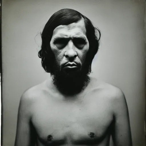 Prompt: photo portrait of ugly brutal face male cultist by Diane Arbus and Louis Daguerre