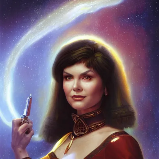 Image similar to portrait of an vulcan woman ( 3 5 ) from vulcan, 4 0 eridani a, alpha quadrant, an oil painting by ross tran and thomas kincade