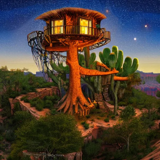 Prompt: fancy treehouse mansion built in a giant cactus on top of plateau overlooking grand canyon at sunset detailed luminescent airbrushed painting 4 k