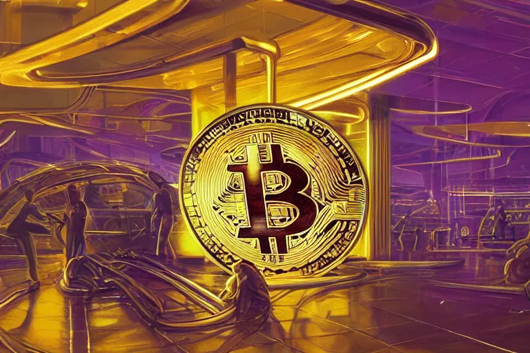 Image similar to A highly detailed rendering bitcoin demand, soft neon purple lighting, reflective surfaces, sci-fi concept art, by Syd Mead and H.R.Giger, highly detailed, oil on canvas