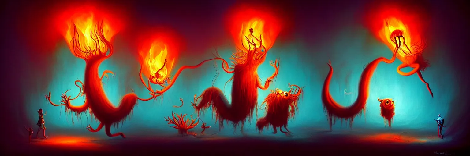 Image similar to whimsical creature freaks from the depths of the imagination, dramatic lighting from fire glow, surreal dark uncanny painting by ronny khalil