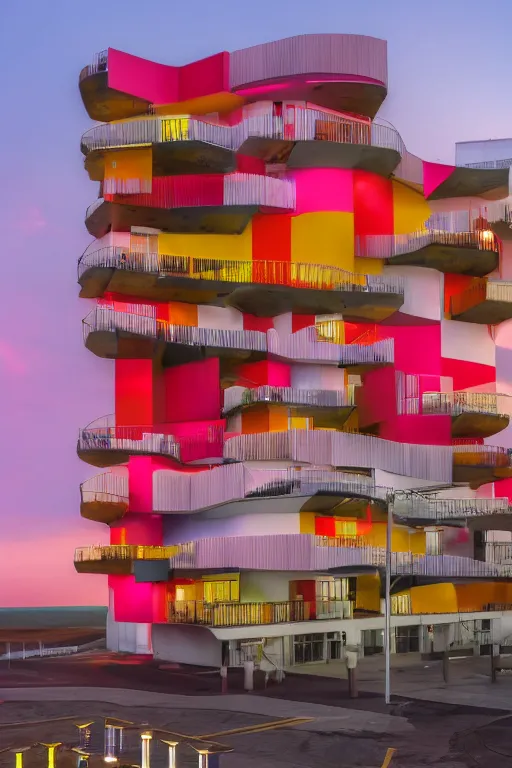 Image similar to buliding design by ricardo bofil, function is airport ， red and yellow and pink ， dusk seaside ， photography ， 8 k