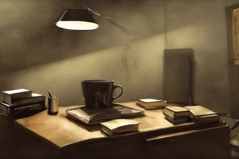 Prompt: a desk, books, a cup of coffee, computer, hyper realistic style, intricate details, digital painting, dramatic cinematic lighting by phil hale