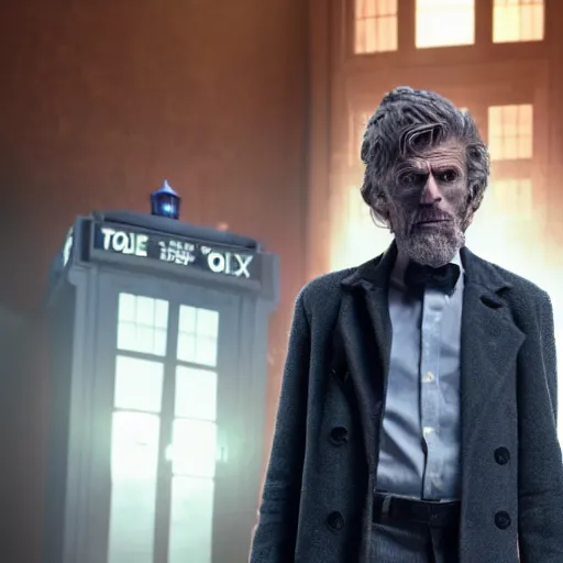 Prompt: willem dafoe as a rough dirty old man with a scruffy beard in a dark blue trenchcoat as the new doctor who, cinematic, volumetric lighting, f 8 aperture, cinematic eastman 5 3 8 4 film, photorealistic