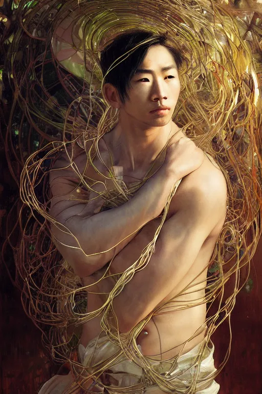 Prompt: hyperrealist portrait of an attractive angelic asian man, it is decorated with long wires that fall like vines and wears small computers over their body. by jeremy mann and alphonse mucha, fantasy art, photo realistic, dynamic lighting, artstation, poster, volumetric lighting, very detailed faces, 4 k, award winning