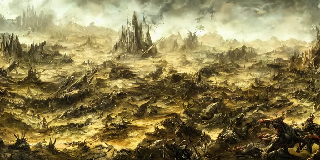 Prompt: an epic painting of a fantasy battlefield after the combat, dead and wounded lying around, devastation everywhere, artwork, detailed