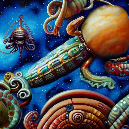 Image similar to painting of ornate space ship, nebulae background, nautilus, shell, tentacle, 4 0 k warhammer, shrimp, prawn