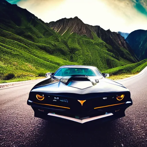 Image similar to black pontiac firebird trans - am driving towards the camera, mountain, valley, breathtaking mountains, lake, dynamic, sunrise, cinematic, motionblur, sunbeams, volumetric lighting, wide shot, low angle, mind flayer, lightning