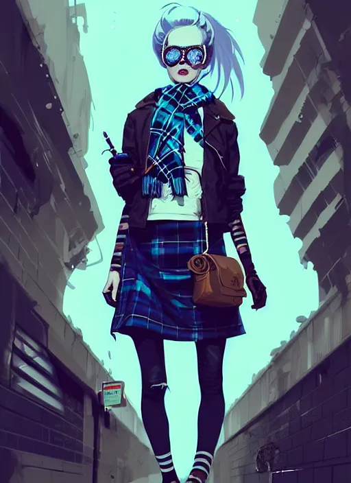 Prompt: highly detailed portrait of a sewer ( ( punk ) ) lady student, sunglasses, blue eyes, tartan scarf, white hair by atey ghailan, by greg rutkowski, by greg tocchini, by james gilleard, by joe fenton, by kaethe butcher, gradient blue, black, brown and cream color scheme, grunge aesthetic!!! graffiti tag wall background