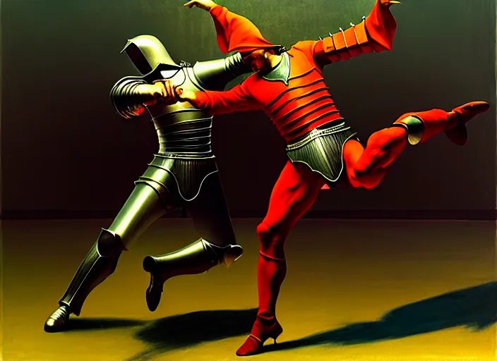 Prompt: knight in armor dance popping, rome, gta 4, highly detailed, soft lighting, elegant, works by edward hopper and james gillard, zdislaw beksinski, stephen outram, andreas m wiese, highly detailed