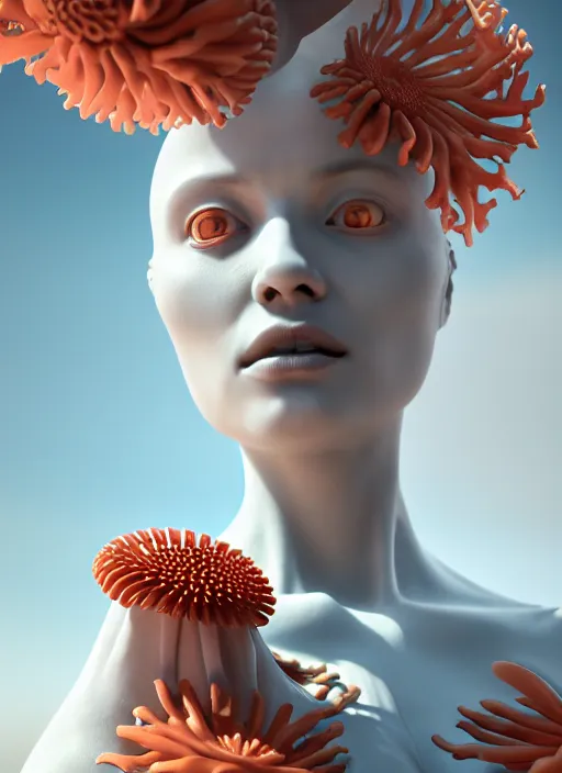 Prompt: biomechanical corals, daisies, well contoured smooth fair walls with marble woman carrying a bottle of perfume, up close shot, sharp focus, global illumination, radiant light, alexandre ferra white mecha, irakli nadar, octane highly render, 4 k, ultra hd,