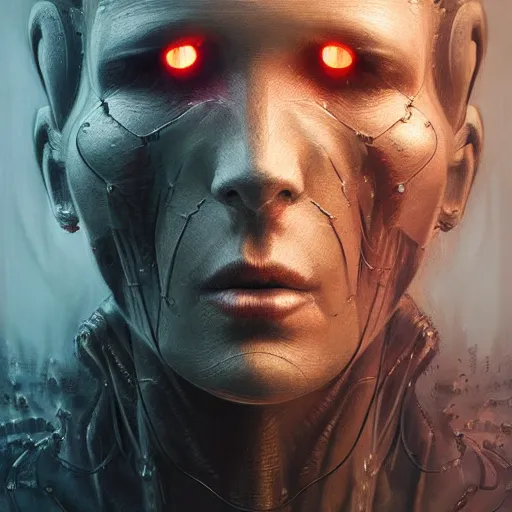 Prompt: portrait art of an ultradetailed evil futuristic cyborg made of neuronal networks, by greg rutkowski and Zdzisław Beksiński, digital painting, 8k, intricate, futuristic, dramatic light, trending on cg society