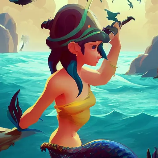 Image similar to painting mermaid treasure on sea of thieves game avatar hero smooth face median photoshop filter cutout vector, behance hd by jesper ejsing, by rhads, makoto shinkai and lois van baarle, ilya kuvshinov, rossdraws global illumination