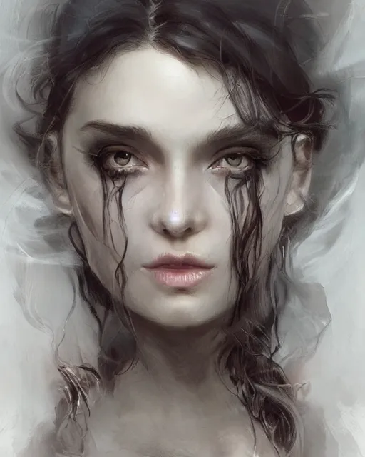 Prompt: portrait of demon girl, dreamy and ethereal, expressive pose, big black eyes, exciting expression, fantasy, intricate, elegant, dark and moody smoke, highly detailed, digital painting, artstation, concept art, smooth, sharp focus, illustration, art by artgerm and greg rutkowski and ( alphonse mucha )
