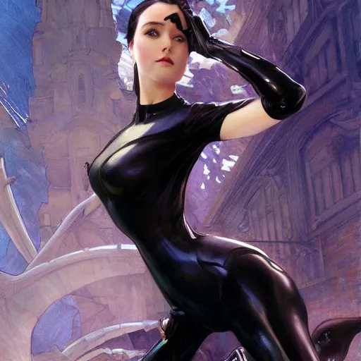 Image similar to Cat Woman, highly detailed, digital painting, artstation, concept art, smooth, sharp focus, illustration, ArtStation, art by artgerm and greg rutkowski and alphonse mucha and J. C. Leyendecker and Edmund Blair Leighton and Katsuhiro Otomo and Geof Darrow and Phil hale and Ashley wood and Ilya repin and Charlie Bowater