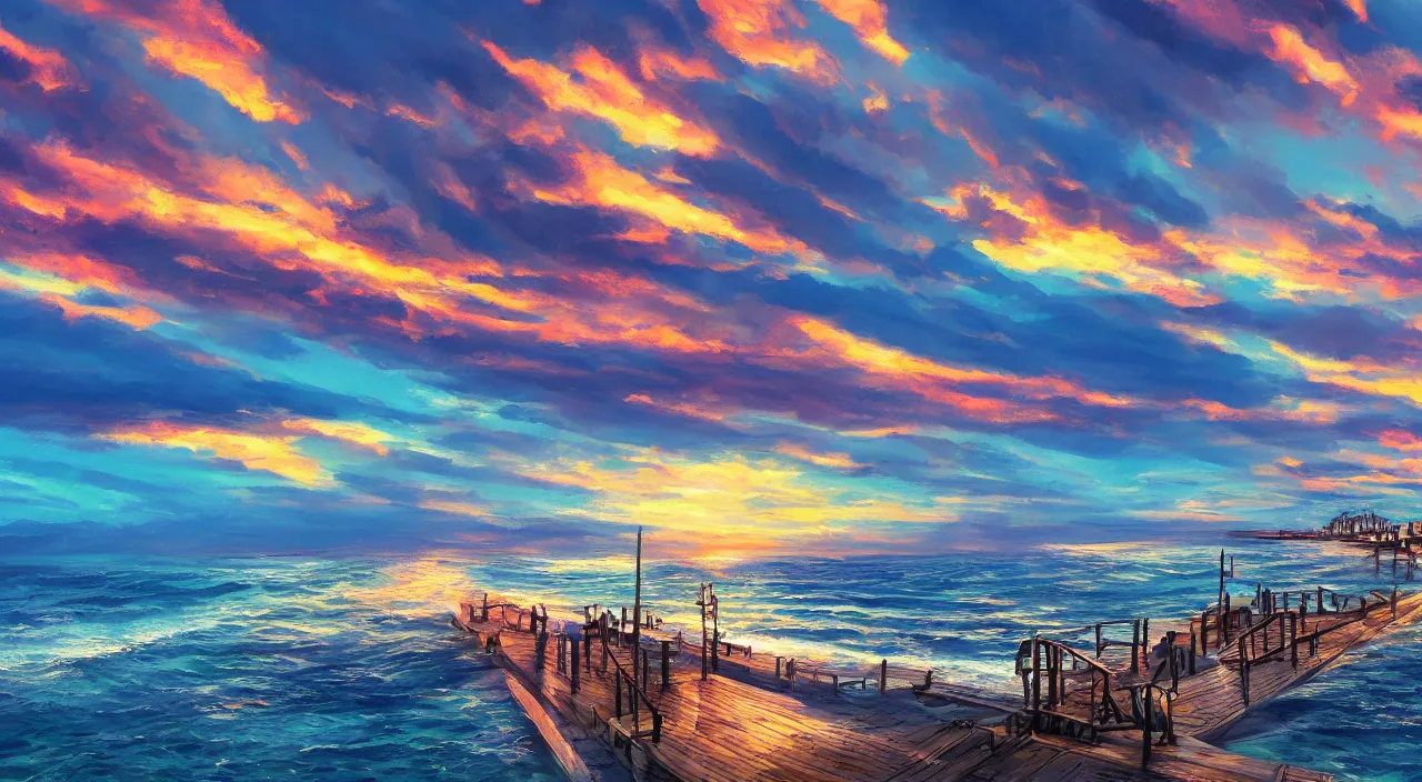 Image similar to ocean side beach sunet sky clouds water pier dock beautiful artstation 4 k breathtaking illustration cartoon by jack kirby artstation concept art matte painting