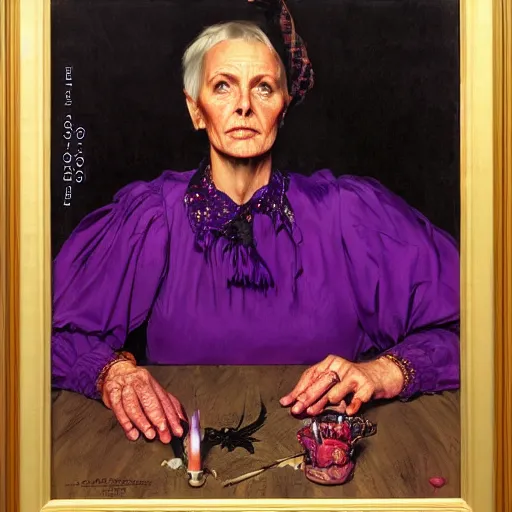 Image similar to portrait of a witch, wearing purple clothes with gold embroidery, by donato giancola, alex ross, and norman rockwell.