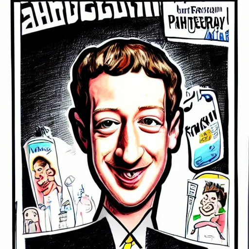 Prompt: a caricature portrait of Mark Zuckerberg drawn by Mort Drucker Mad Magazine