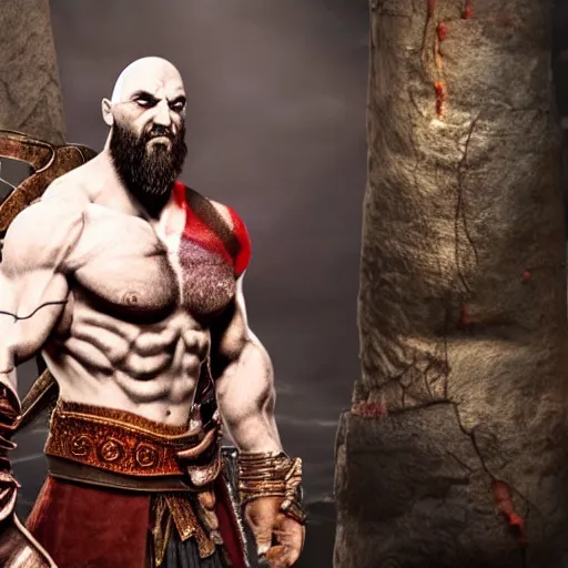 Image similar to Kratos from god of war standing in front of a mcdonalds