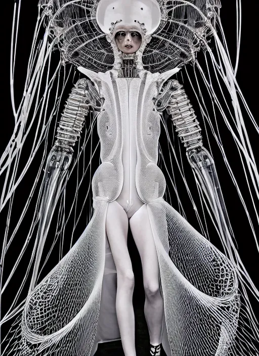 Image similar to walking down the catwalk, steven klein, show, stage, vogue photo, podium, fashion show photo, historical baroque dress, iris van herpen, beautiful woman, full body shot, masterpiece, inflateble shapes, alien, plant predator, guyver, jellyfish, wires, veins, white biomechanical details, wearing epic bionic cyborg implants, highly detailed