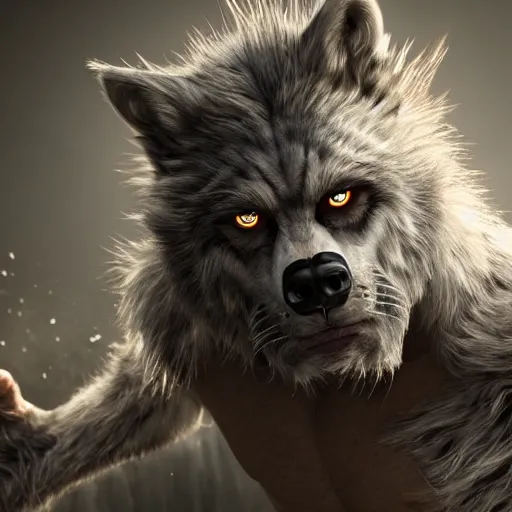 Prompt: portrait of man transforming into a werewolf with grey realistic fur, high detail, hyper realism, unreal engine, 8 k