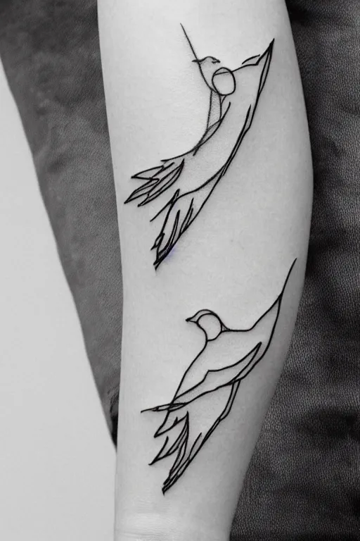 Image similar to a simple artistic tattoo design of minimalist flying birds, black ink, abstract geometric logo, line art