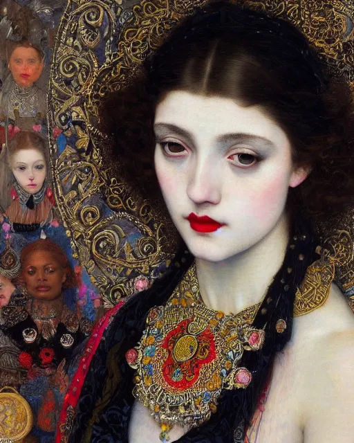 Prompt: a close up of beautiful girl with black lipstick wearing a intricate necklace surrounded by colourful intricate patterns, by edgar maxence and caravaggio and michael whelan, intricate painting, hyper realistic, extremely detailed and beautiful aesthetic face, 8 k resolution