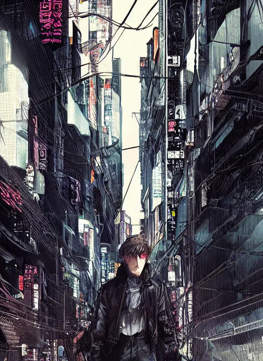 Prompt: manga cover, teenage jake gyllenhaal, techwear fashion, intricate cyberpunk city, emotional lighting, character illustration by tatsuki fujimoto