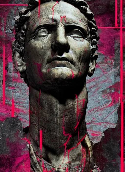 Image similar to design poster showing a statue of julius caesar, black background with very subtle red and purple design elements, powerful, nekro, guido crepax, graphic design, collage art, thin lines, dark, glitch art, neo vaporwave, gritty, layout frame, square, trending on artstation