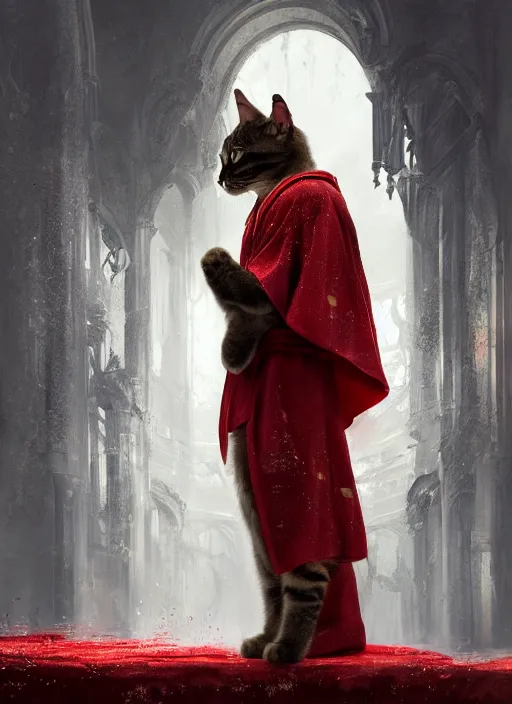 Image similar to side profile of a cat king wearing a crown and red robes, fantasy, digital painting, volumetric light, intricate, sharp, focus, bloom, illustration, highly detailed, concept art, matte, ruan jia, randy vargas, greg rutkowski