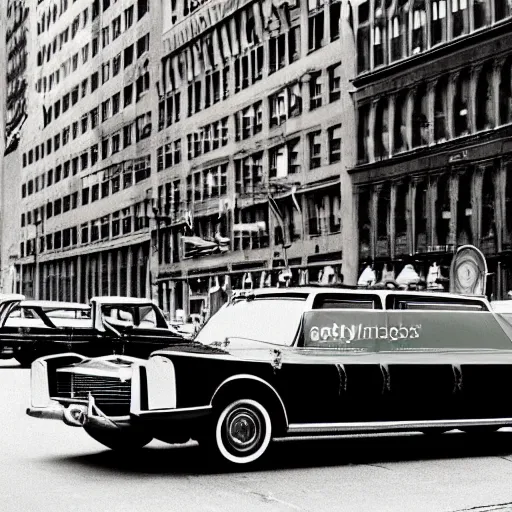 Image similar to stock photo of a sixties limousine driving in new york, by getty images